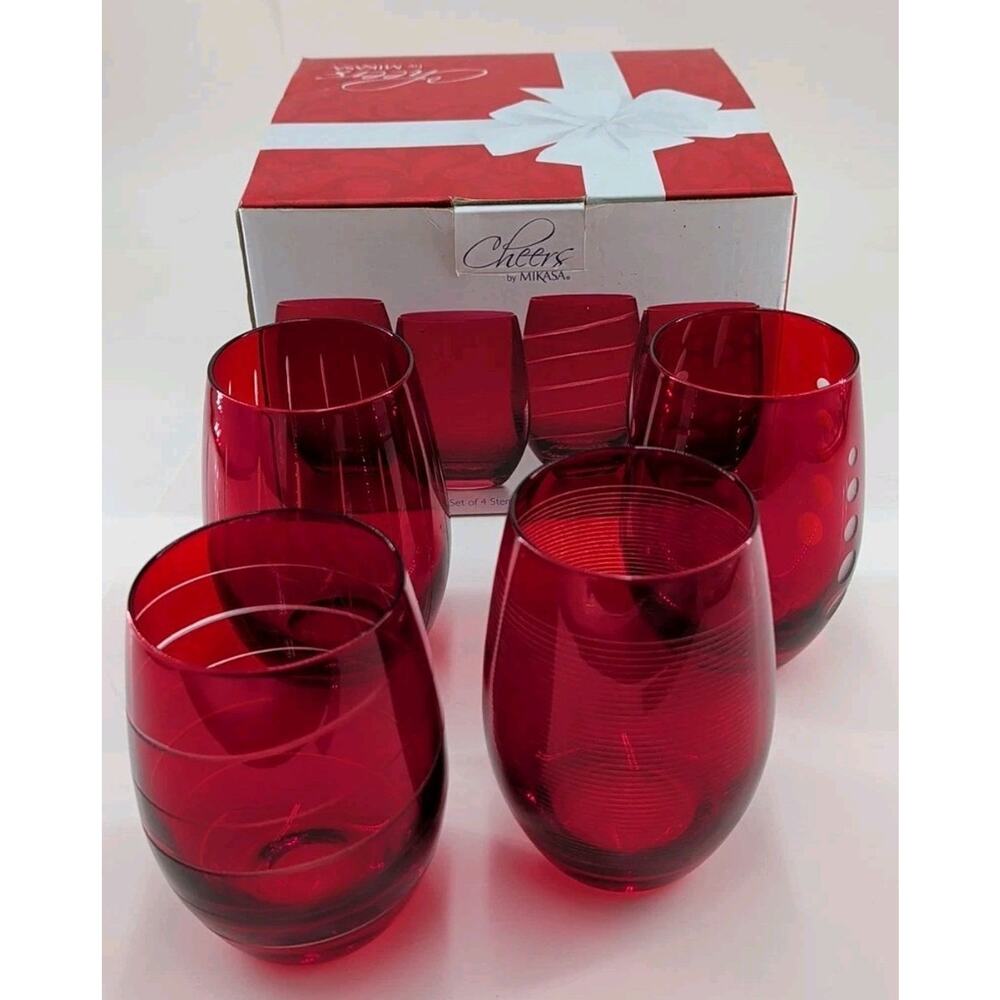 Mikasa Cheers Ruby Red Stemless 5 Inch Wine Glasses (Set Of 4) 16.5 Oz Each
